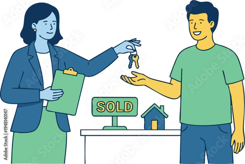 Real Estate Agent Handing House Keys to Happy Young Buyer Man