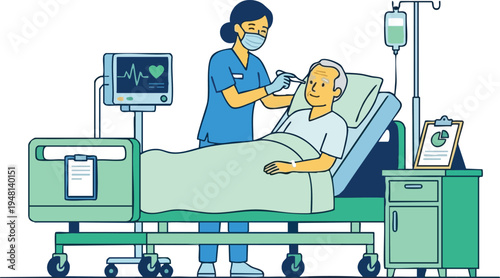 Nurse checking elderly patient temperature in a hospital bed