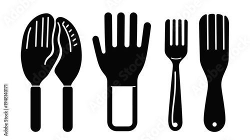 Silhouetted cooking utensils spatulas, oven mitt, fork, and spatula in black