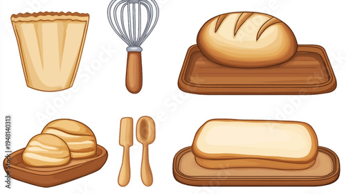 Assortment of bakery goods and utensils, including a whisk and bread, on a white background