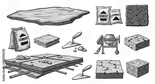 Concrete Construction Elements and Tools - Cement, Mixer, Trowel, and Slab.