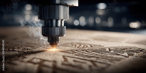 Close-up of a laser engraving machine precisely carving intricate patterns into wood material
