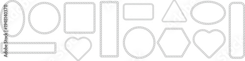 Nautical rope frame borders circle square oval heart shapes in sea sailor theme isolated on white background