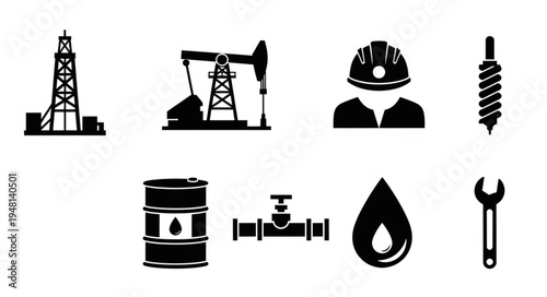 Oil Industry Icons - Rig, Pumpjack, Worker, Drill, Barrel, Pipe, Drop, Wrench.
