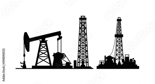 Silhouette of Oil Rigs and Pumpjacks in a Black and White Design.