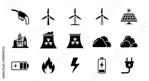 Energy Sources Icons - Fuel, Wind, Solar, Nuclear, Coal, Battery, Fire, Electricity.