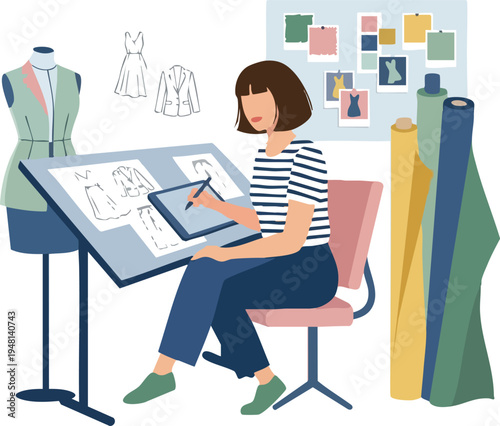 Female Fashion Designer Working on Sketches in Studio