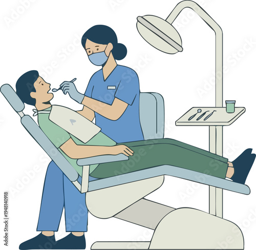 Dentist examining patient teeth in clinic flat vector illustration