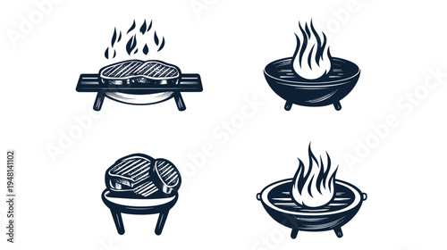 Monochrome line art illustrations of grilling food, including steak and flames in a barbecue
