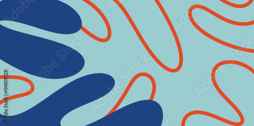 Fluid Line Art Vector Illustration. Trendy abstract background mixing solid blue fluid shapes with thin orange line art for a playful and modern artistic style.