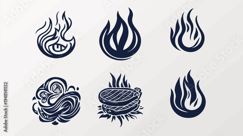 Six stylized illustrations of fire, flames, and grilled food with dark blue elements on a light background