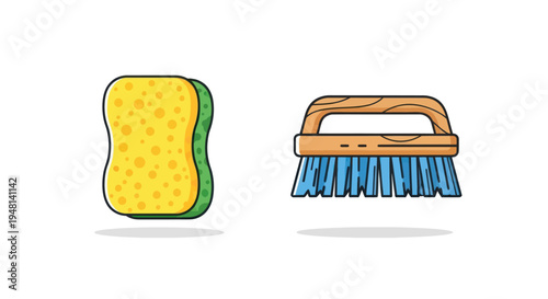Cleaning Tools: Sponge and Scrub Brush for Household Chores.