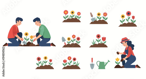 A collection of flat vector illustrations showing people gardening and planting colorful flowers.