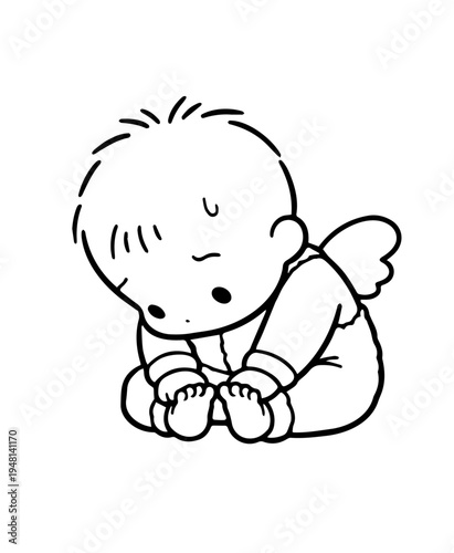Cute tired baby angel sitting illustration