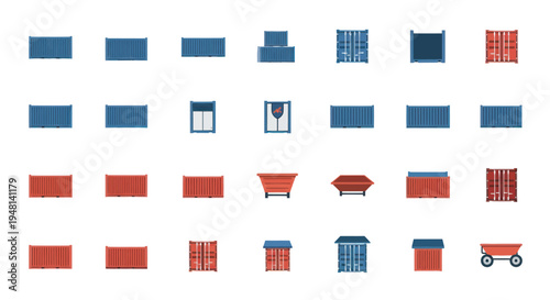 Diverse flat design icons of shipping containers cargo boxes and industrial bins.