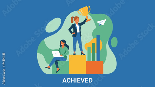 A woman standing on a podium holding a golden trophy, celebrating achievement and success in business, with another woman working on a laptop.