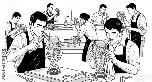 Craftsmen meticulously working on a trophy, showcasing dedication and precision.