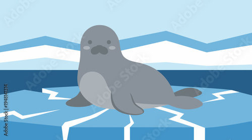 A cute cartoon seal sits on an ice floe in a blue arctic environment with icebergs in the background.