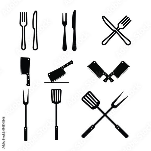 Kitchen Utensil Silhouette Set - Meat Cleaver, Knife, and Fork Vector Icons.