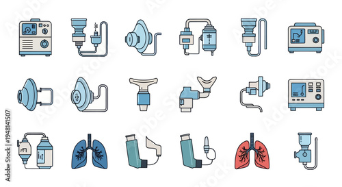 Medical Respiratory Equipment Icons: Nebulizers Masks and Inhalers for Breathing Support.