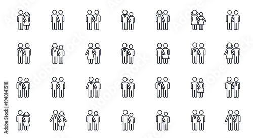 Collection of Diverse Line Art Icons Depicting People Pairs Relationships and Partnerships.