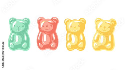 Four colorful gummy bear illustrations on a white background, featuring different fruit flavors