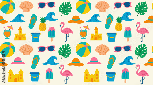 Vibrant seamless pattern of summer and beach icons including flamingos, beach balls, sunglasses, and sandcastles on a light background.