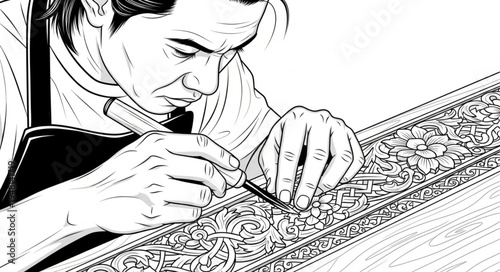 Artisan meticulously carving intricate details into a wooden surface.