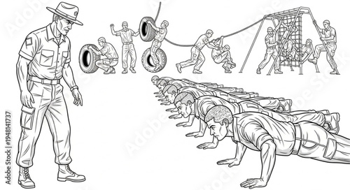 Military Training Illustration - Drill Sergeant Overseeing Physical Fitness Activities.
