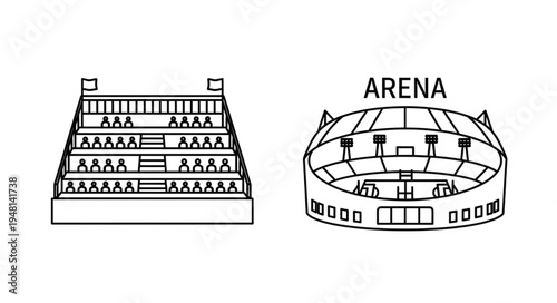 Architectural renderings of a stadium and arena structures.