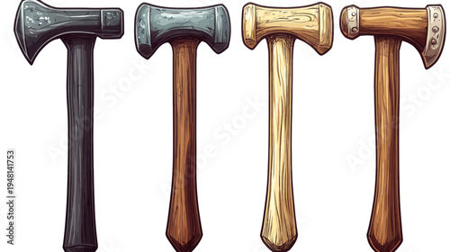 Four stylized tools, each with a different head design, and various textures for the handles