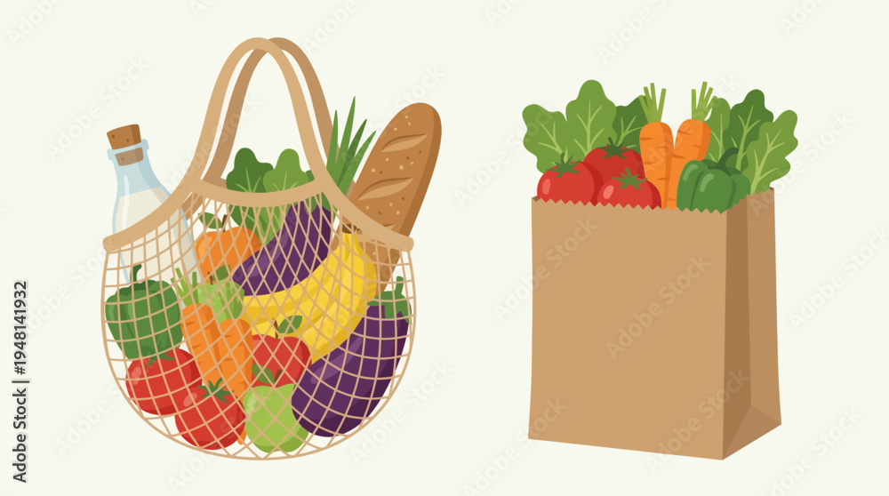 Αυτοκόλλητο Illustration of two grocery bags, a reusable mesh bag and a brown paper bag, overflowing with fresh produce including fruits, vegetables, and a baguette