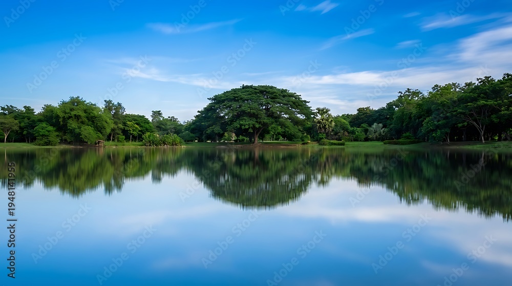 Fototapeta premium A serene lake scene with trees and blue sky