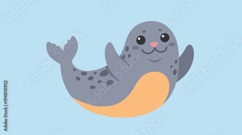 A cute cartoon baby seal with grey fur and spots, smiling happily on a light blue background, with flippers raised.