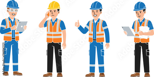 Construction workers in safety helmets and reflective vests using tablet, phone and documents, professional engineers teamwork cartoon vector illustration