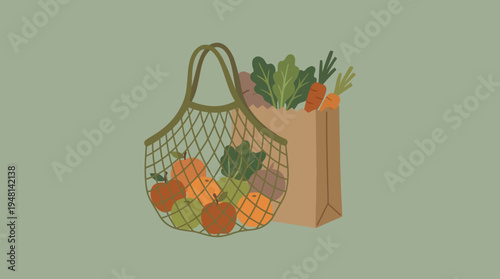 Illustration of fresh fruits and vegetables in a reusable mesh bag and a paper bag, promoting healthy eating and sustainable shopping choices.
