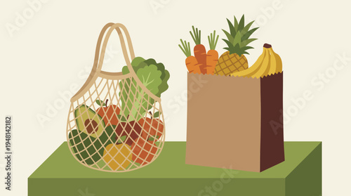 Illustration of a reusable mesh bag and a brown paper bag filled with fresh fruits and vegetables on a green counter.