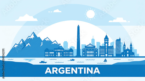 Vibrant Argentina cityscape with mountains and sunny sky, travel and tourism concept.