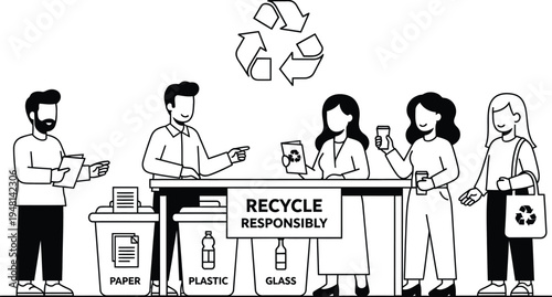 Recycle responsibly illustration with people sorting waste