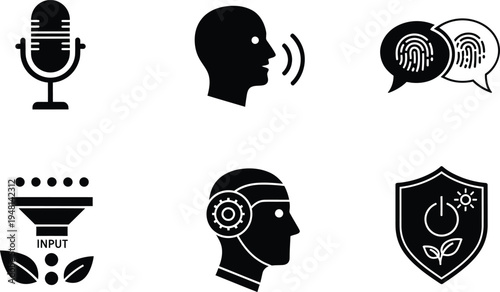 Biometric AI Voice Recognition and Data Privacy Icon Set with Artificial Intelligence Neural Processing, Secure Fingerprint Messaging, Ethical Data Input, and Sustainable Tech Security Shield