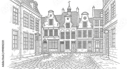 Detailed Sketch of Historic Buildings in a European Cityscape.