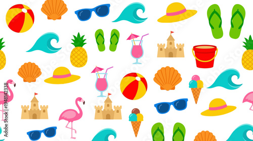 A vibrant and colorful seamless pattern featuring various summer and beach vacation elements like sandcastles, flamingos, and tropical drinks, perfect for holiday themes.