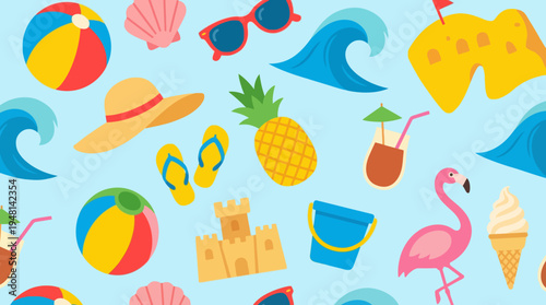 A vibrant seamless pattern featuring various summer and beach-themed elements like beach balls, sandcastles, sunglasses, pineapples, and flamingos on a light blue background.