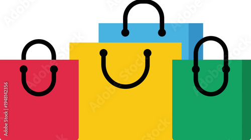 A vibrant collection of four colorful shopping bags in red, yellow, blue, and green, featuring black handles, set against a clean white background.