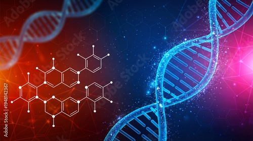DNA double helix structure with molecular models on a colorful scientific background