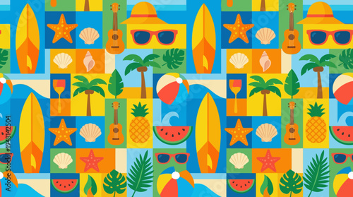 A vibrant, colorful, flat-design seamless pattern featuring various summer and beach vacation elements like surfboards, palm trees, sunglasses, and tropical fruits.