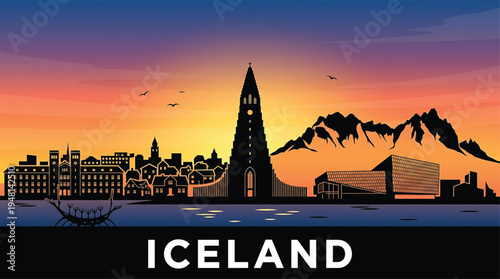 Vibrant Icelandic cityscape silhouette at sunset, featuring Hallgrímskirkja church and Harpa concert hall