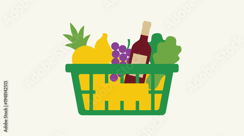 A vibrant illustration of a green shopping basket overflowing with fresh fruits, vegetables, and a bottle of wine, set against a light background.