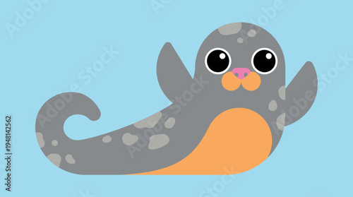 Cute cartoon grey seal with orange snout and belly, featuring big black eyes, swimming or floating against a light blue background.