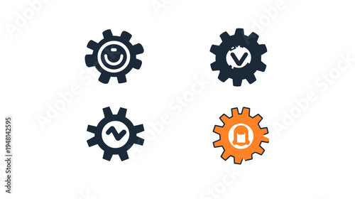 Four stylized gear icons with different internal graphics, dark blue and orange